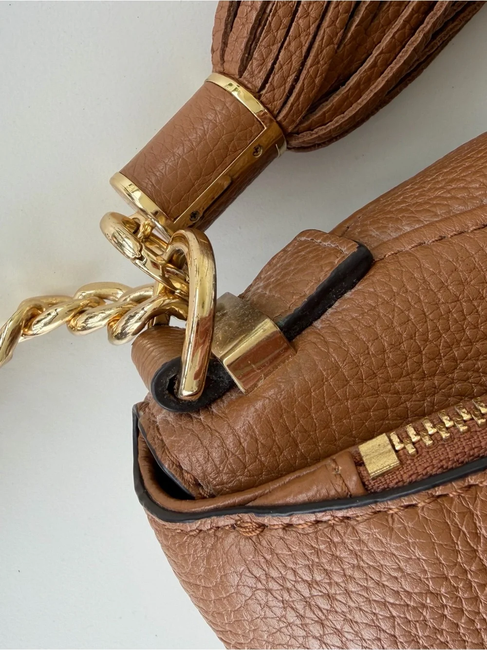 Michael Kors Camel Brown Pebbled Leather Bedford Crossbody Handbag -Tassel/Strap - Picture 7 of 16